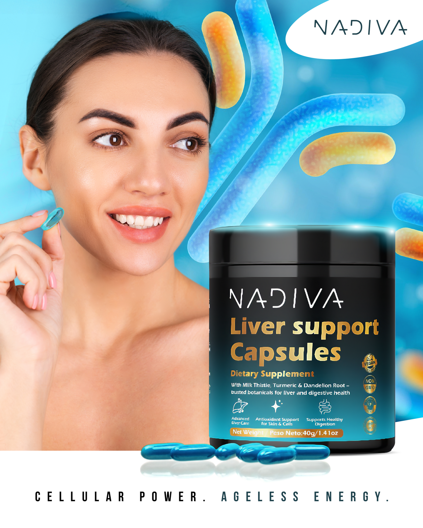 Cápsulas NADIVA para el Apoyo Hepático | Limpieza Hepática | Desintoxicación Sin Problemas | Cápsulas Veganas 28 en 1 
