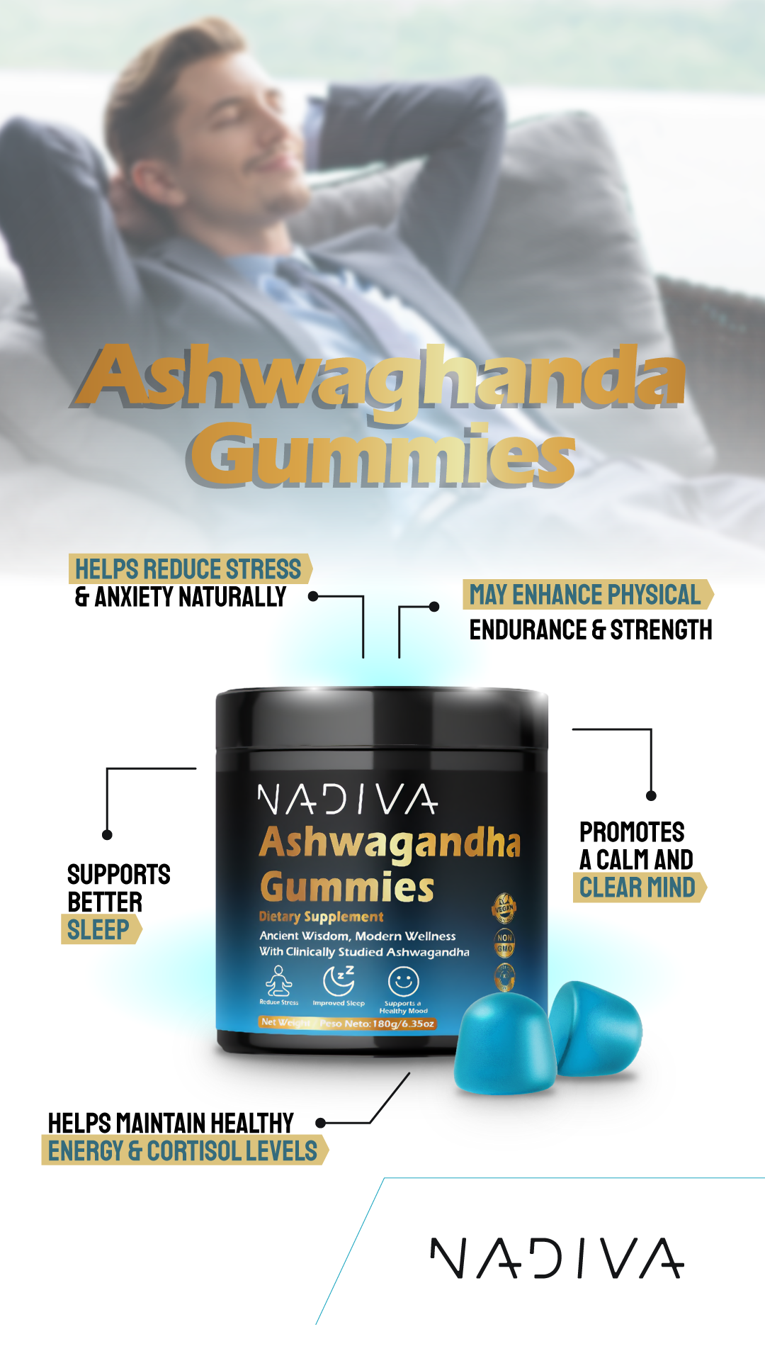 Gomitas de ashwagandha Nadiva | Alivio natural del estrés y equilibrio diario